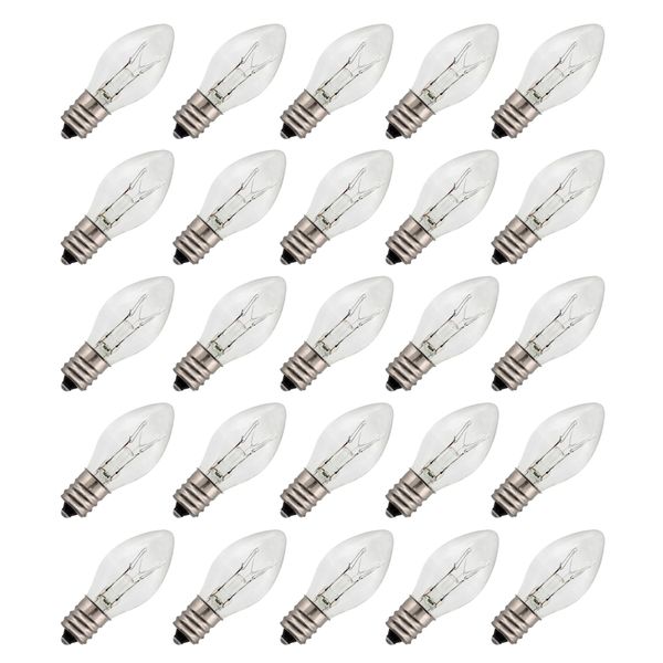 Creative Hobbies 3228x25-7 Watt, C7 Night Light, 40 Lumens, Long Life, Clear, E12 Candelabra Base, C7 Replacement Bulbs, Incandescent Light Bulb | 25 Pack