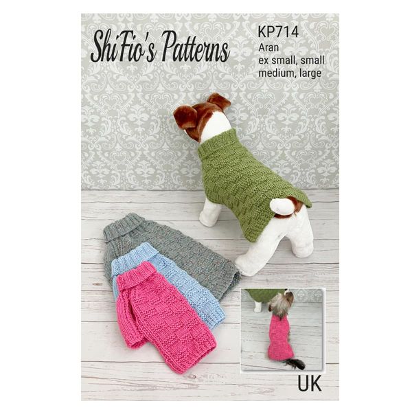 ShiFio's Patterns KP714, Aran Dog Coat Knitting Pattern, 4 Sizes 32-48cm Chest, UK Instructions