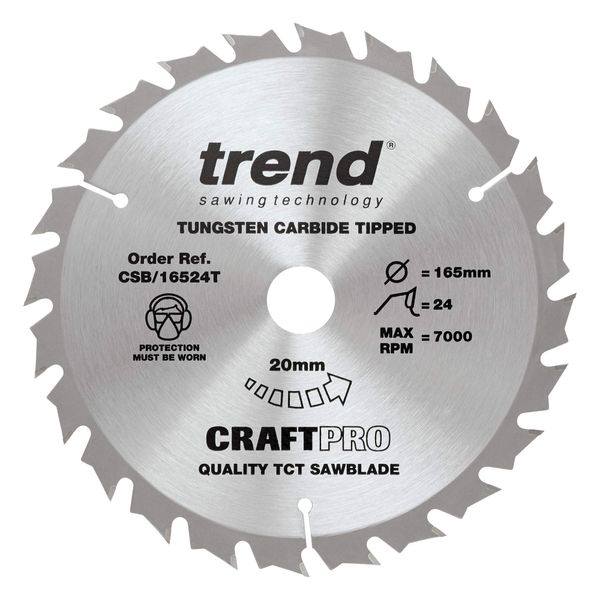 Trend Wood Cordless Circular Saw Blade, 165mm Diameter, 20mm Bore, 24 Teeth, TCT, 1.5mm Kerf, +15° Hook, CSB/16524T