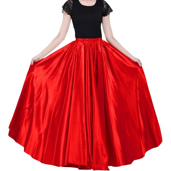 Ladies 90cm Satin Maxi Midi Skirt Long Dress Elastic Waist for Belly Dance Princess Party Cosplay Costume (red)