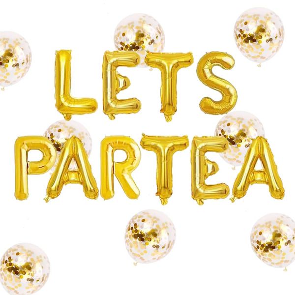 Gold Let's Par Tea Balloons, 16Inch Mylar Balloons For Par Tea Theme Party Decorations, Teapots Teacups Party Supplies