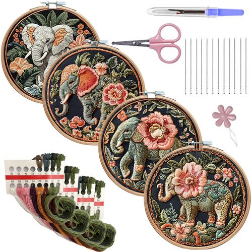 SCECALA 4 Pack Elephant Flower Embroidery Kit for Beginners - Funny Animal with Embroidery Pattern, Hoop, Complete Cross Stitch Supplies (Needle/Threads/Scissors) DIY Craft for Adults Sewing Hobby