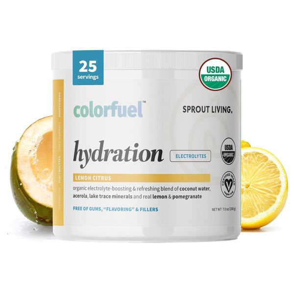 Sprout Living, Colorfuel Hydration Powder Drink Mix, Organic Superfoods + Adaptogens | Hydration Support & Recovery, Electrolytes, Himalayan Pink Salt, Coconut Water, Lemon Citrus Flavor (25 servings)