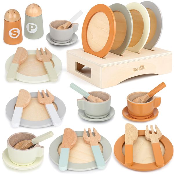 Wooden Tea Set for Toddlers Toy Kitchen Accessories 27 PCS Kids Pots and Pans Playset Wooden Play Food for Toddlers Girls Boys Age 2 3 4, Neutral