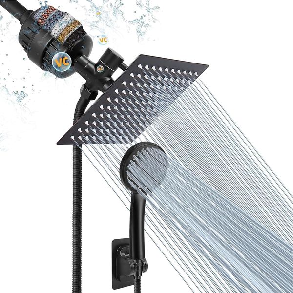 Filtered Rain Shower Head, High Pressure 8″Square, and 5 Settings Handheld Showe
