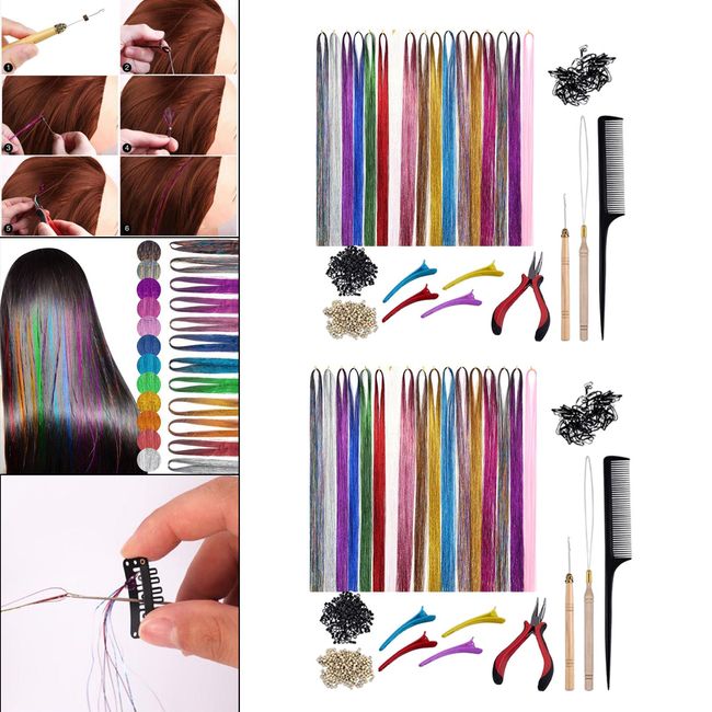 Hair Extension Tinsel Kit Glitter 200pcs Rings Beads Multi-color