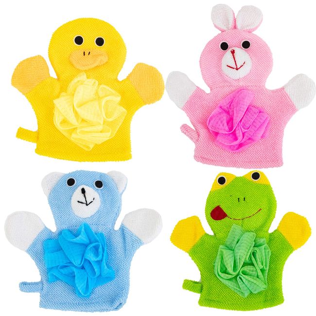 Azure Zone, 4 Pack Cartoon Hand Puppet Bath Wash Mitt Towel with Animal Designs for Bath and Shower