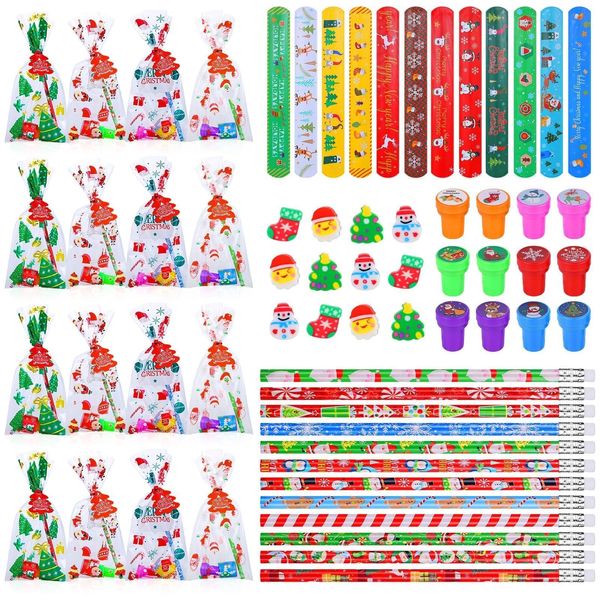 192 Pcs Christmas Stationery Party Favors Bulk 24 pack Christmas Goodie Bags for Kids with Pencils Eraser Slap Bracelets Stamps Cards Treat Bags Christmas School Classroom Gifts Prizes for Students