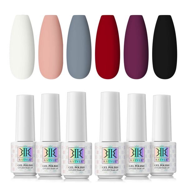 RSTYLE Smalto Semipermanente, Smalti Semipermanenti per Unghie da UV LED Gel Nail Polish Professionali Soak Off Set 6 Colori 5ML Rosso Nero Bianco Nudo