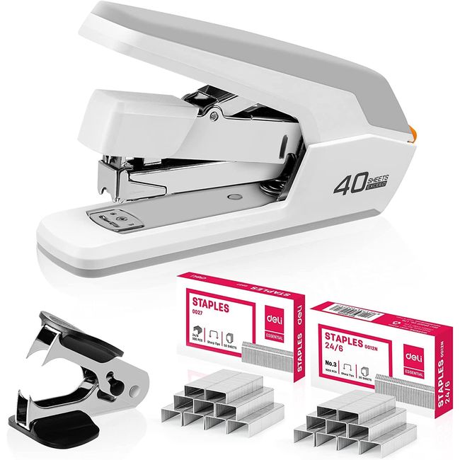 Turkee Labor Saving Staples, 40 - 50 Strips, 80% Labor Saving, Medium Stapler, Uses Light Force Lever, Top Non-Slip TPR Material, Includes 1500 Staples, Staple Remover (White, 50 Pieces)