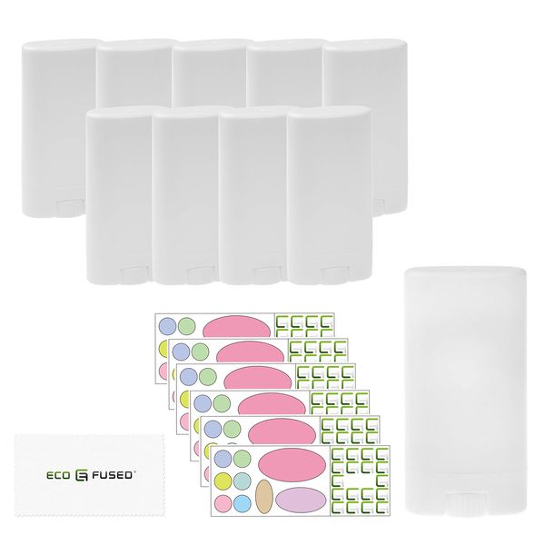 Deodorant Containers 10-Pack - White - 0.5 Oz (15 ml) - 60 Writable Stickers - Twist Mechanism - Refillable Cosmetic Containers for DIY Homemade Deodorant, Lip Balm, Soap, Lotion Sticks etc.