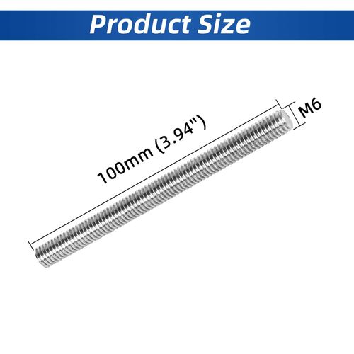 M6-1.0 x 100mm Fully Threaded Rod Studs, 18-8 Stainless Steel 304 Long Threaded Screws, Right Hand Threads, 2 PCS