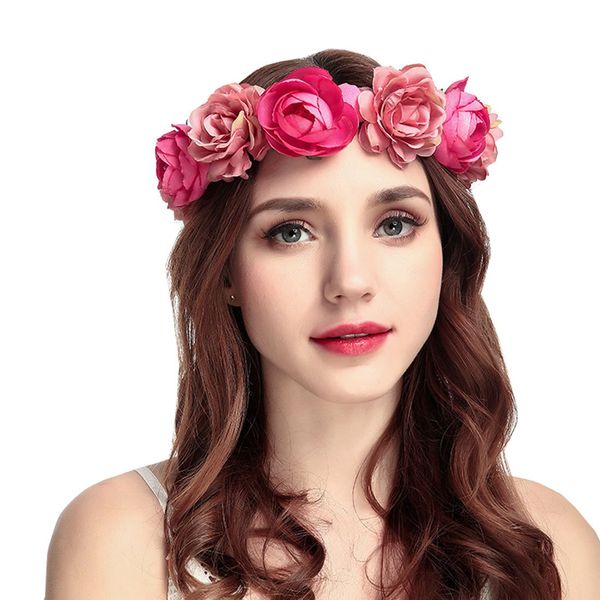 June Bloomy Women Rose Floral Crown Hair Wreath Leave Flower Headband with Adjustable Ribbon (Rose Red)