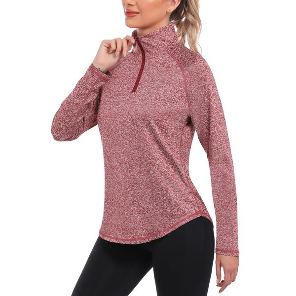 iClosam Sportshirt Damen Langarm 1/4 Reißverschluss Sport Shirt Damen Fitness Sport Langarmshirt Damen Stehkragen Funktionsshirt Damen Schnelltrocknend für Gym Yoga Wandern Rosa-L