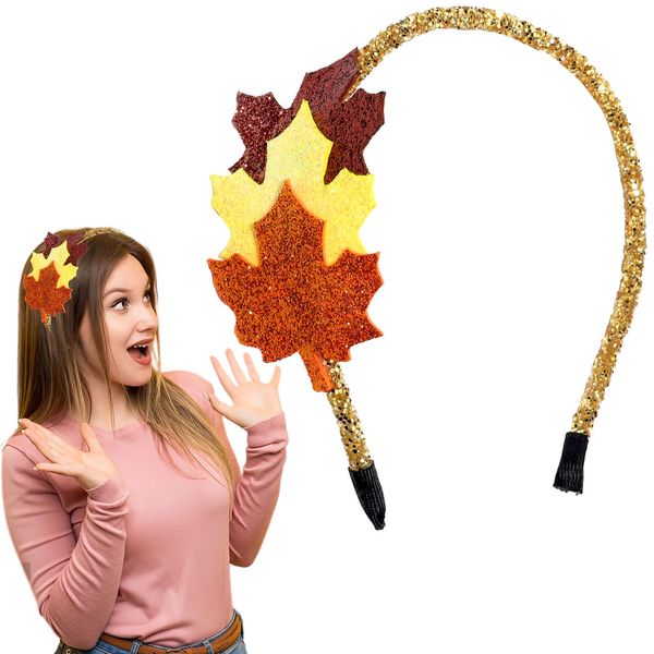 HIFANMM Maple Leaf Headband Fall Thanksgiving Hair Accessories for Women Girls, Glitter Sequin Leaves Hair Bands Autumn Decor Headdress Party Outfit Supplies Non Slip Head Band (Style 1, standard)