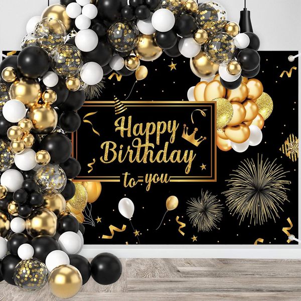 Ledander 55 Pieces Birthday Decorations for Boys Black Gold Balloons Garland Arch Kit with Happy Birthday Photography Backdrop Banner, Birthday Party Decoration Supplies for Men Women (Black Gold)