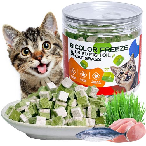 ZHSteveG Freeze-Dried Cat Grass Treats with Omega-3 Fish Oil Blend - Hairball Control, Skin & Coat Health for Cats (Chicken & Fish Oil, 1.76 oz)