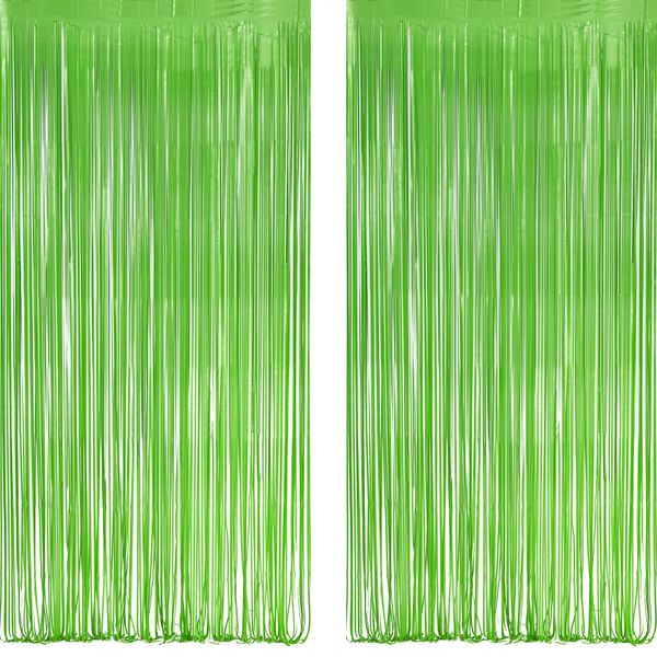 Lime Green Foil Fringe Party Backdrop - GREATRIL Tinsel Curtain for St Patricks Day/Spring/Frog/Wizard - 3.2ft X 8.2ft - 2 Packs