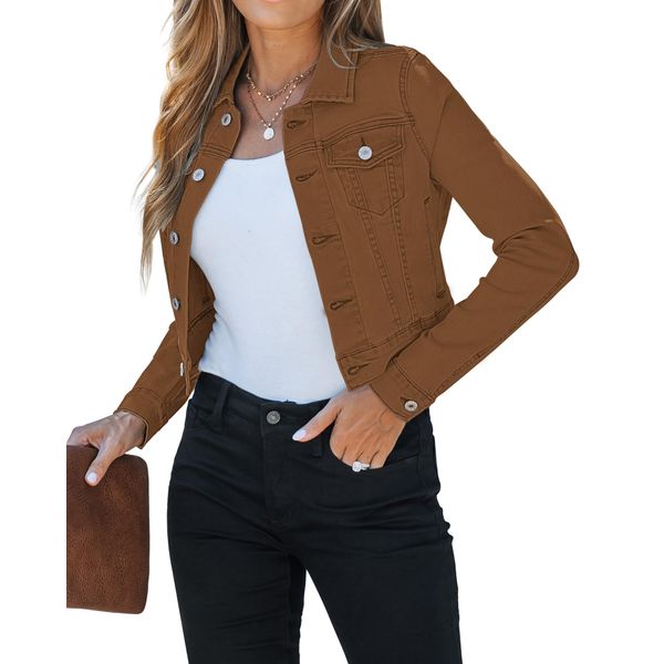 luvamia Womens Fashion Long Sleeve Button Down Stretchy Denim Jean Jacket Light Jackets For Women Casual Womens Shacket Country Concert Wear Brown Size Medium Fits Size 8 / Size 10