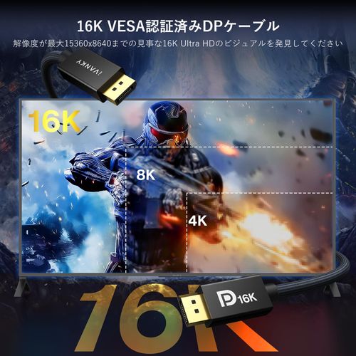 iVANKY 16K Displayport Cable, 2.1 Standard (VESA Certified Gaming DP Cable, 2M), Supports 16K@60Hz/8K@60Hz, 4K@240Hz/165Hz/144Hz, Displayport Up to 80Gbps High Speed, HDR/DSC / 1.2a / FreeSync &