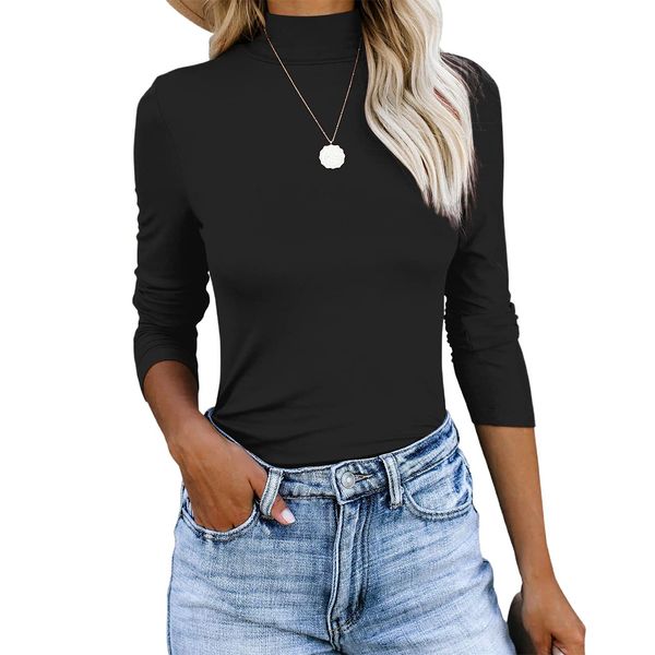 REVETRO Women Casual Mock Turtleneck Long Sleeve Shirt Fall Fashion Slim Fit Tops Plain Basic Tee Lightweight T-Shirt Black XXL……