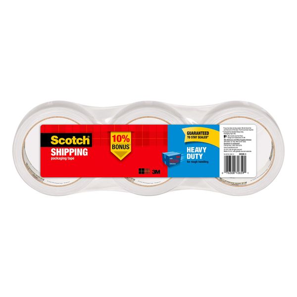 Scotch Heavy Duty Packaging Tape, 1.88" x 54.6 yd, Designed for Packing, Shipping and Mailing, Strong Seal on All Box Types, 3" Core, Clear, 3 Rolls (3850-3), (Packaging May Vary)