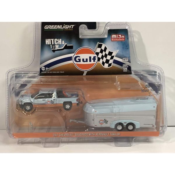 2017 Chevrolet Silverado Pickup Truck & Aerovault Trailer Gulf Oil Hitch & Tow Limited Edition to 2760 Pieces 1/64 Diecast Car by Greenlight 51243