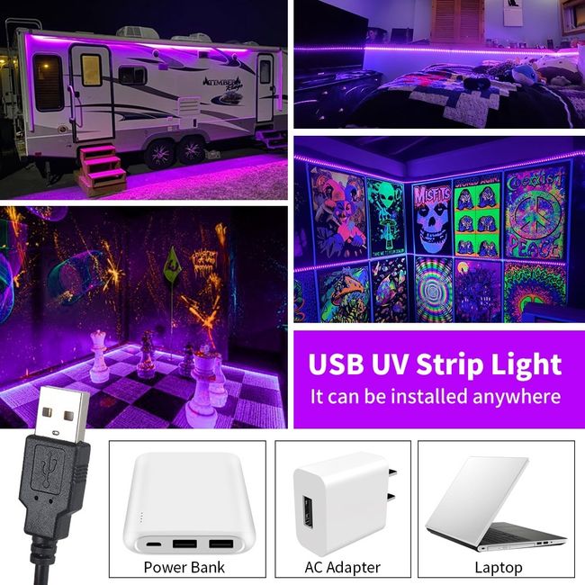 Bathroom Cleaner UV Toilet Sterilizer Convenient USB UV Black Strip Lighting Fluorescent Dance Party Stage LED Blacklight 395nm 150 2.5M, [01] 385-400nm