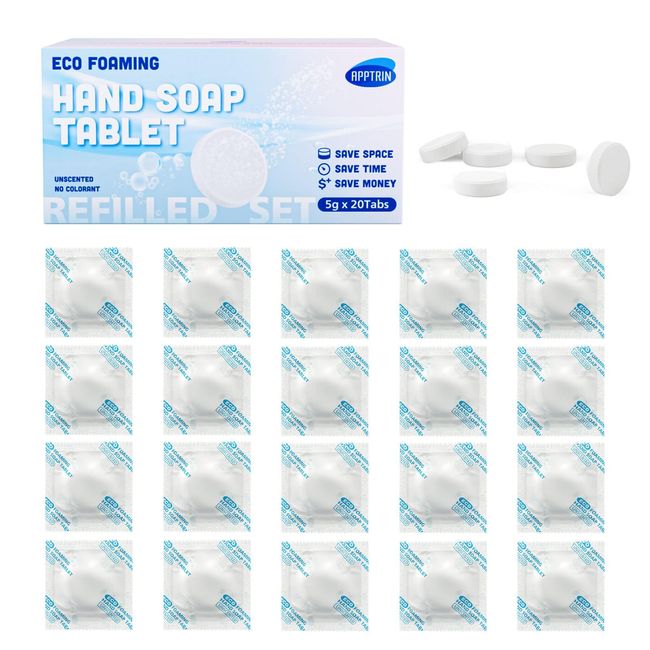 apptrin Foaming Hand Soap Refills Tablets 20 Pack, 174 fl oz Total (Make 20 x 8.7 fl oz Foam bottles of soap), Eco-Friendly Hand Wash Pods, Soft Hand Wash (Unscented)