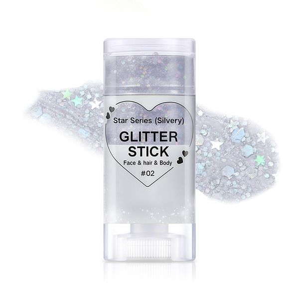 YBUETE Face Body Glitter Stick, Singer Concerts Festival Music Rave Body Glitter, Mermaid Sequins Chunky Glitter, Holographic Glitter Stick, Waterproof and Long Lasting Sparkling, #02 Silvery