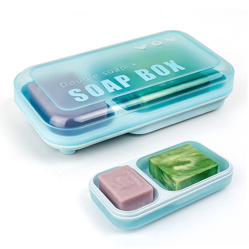 AIDIMMING Large Double Soap Dish, Shampoo and Conditioner Bar Holder with Lid, Self Draining Soap Box for Bathroom Sink,Bathroom Shower, Bathtubs (Light Blue)
