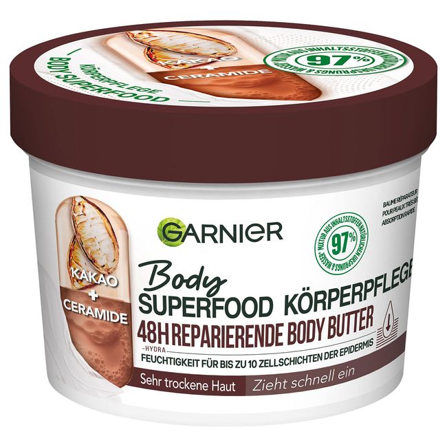 Garnier Reparierende Körperpflege für trockene Haut, Body Butter mit Kakaobutter und Ceramiden, Für bis zu 48 Stunden Feuchtigkeit, Body Superfood, 1 x 380 ml