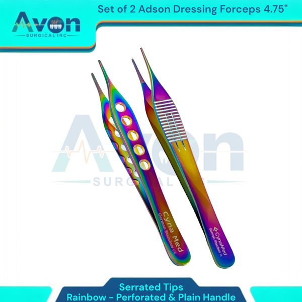 2PK Serrated Tips Adson Dressing Forceps 4.75" Perforated & Grooved Grip Handle