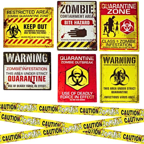 6 Warning Signs 11x14" with Caution Tape Roll 20 Feet - Halloween Zombie Party Decorations Halloween Indoor Outdoor Yard Signs Beware Danger Door Posters Haunted House Decor