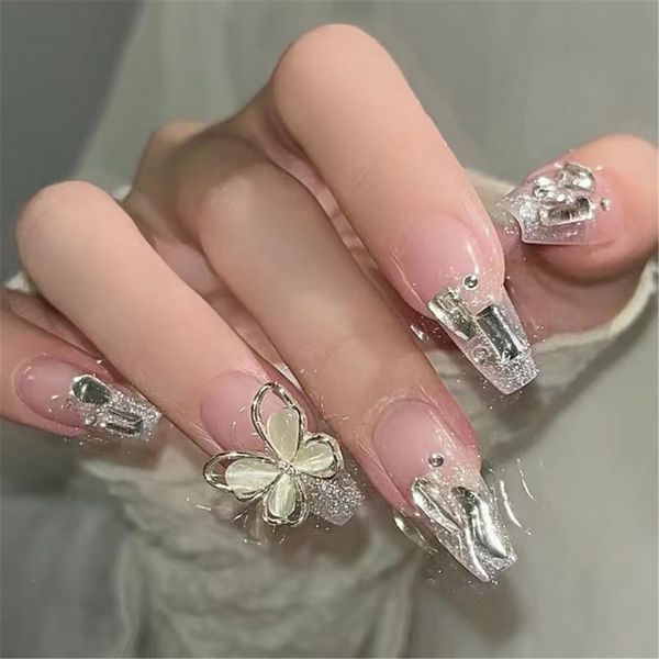 Nail Tip, 3D Nail Tip, 24 Pieces Handmade Nail Tip, Wedding Ceremony, School Entrance Ceremony, Graduation Ceremony, Cute, Short, Long, Popular Japanese Style, Bride Nails, Glossy False Nails, Double Sided Tape Included (Cats Butterfly)