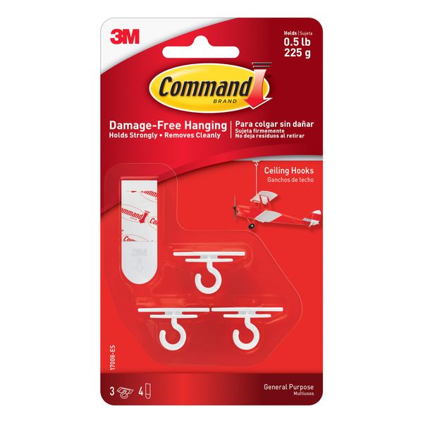 Command 17008 Ceiling, 225 g Load Capacity, 3 Hooks, 4 Strips, White, Standard