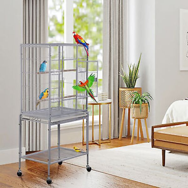 53" Large Wrought Iron Bird Cage Pet Supplies w/Stand and Perch for Parrot White