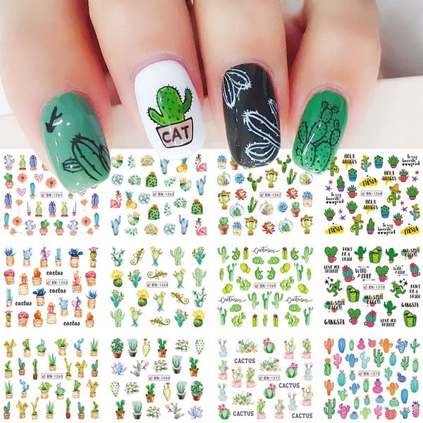 Cactus Nail Stickers Spring Water Transfer Nail Art Stickers Decal Flower Nail Decals for Acrylic Nail Green Cactus Flower Leaf Nail Design Nail Decoration for Women Girls Nail Supplies 12pcs