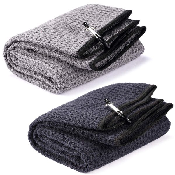 Fpxnb 2 Pack Tri-fold Golf Towel Set, Microfiber Fabric Waffle Pattern Towels, Heavy Duty Carabiner Clip (2 Pcs, 2 Colors)