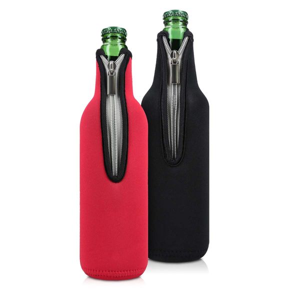 kwmobile Set of 2 Neoprene Bottle Coolers Sleeves for 330-500ml Bottle - Keep Beer, Soda, Soft Drinks Cool - Black/Red