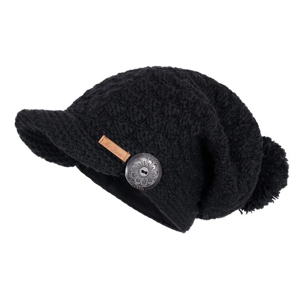 McRon Damen Gefütterte Beanie Wollmütze mit Bommel Mika Schwarz 9511