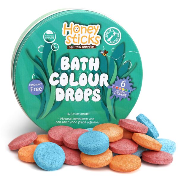 Honeysticks Bath Color Tablets for Kids - Non Toxic Bathtub Color Drops Made with Natural and Food Grade Ingredients - Fragrance Free - Fizzy, Brightly Colored Bathtime Fun, Great Gift Idea - 36 Drops