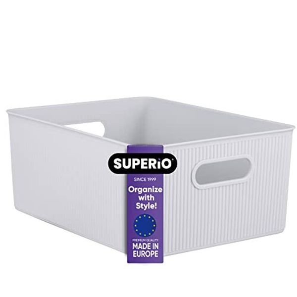 Superio Medium White Smoke Ribbed Storage Bin, Plastic Storage Basket (15 Liter)