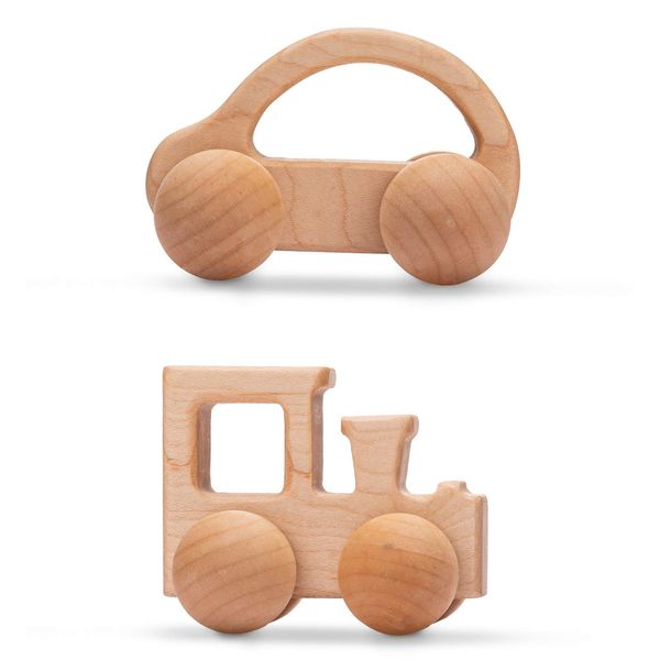 Promise Babe Wooden Rattle Push Car Toys Set Infant Wooden rattles Interesting Toys 2 Pc Baby Vehicle Toys Hand Push Cars Montessori Natural Wood Toys for Newborn Best Gift