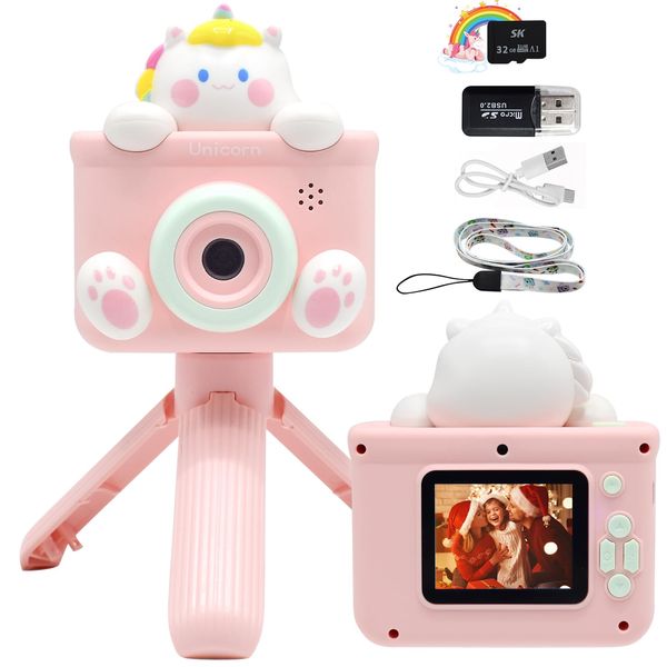 Cyiecw Kids Camera Toys for 3-12 Years Old Girls Boys, Toddler Unicorn Camera for 3 4 5 6 7 8 Years Old Birthday Gifts, Kids HD Pink Digital Camera with Tripod, 1080P Video Camera with 32GB SD Card