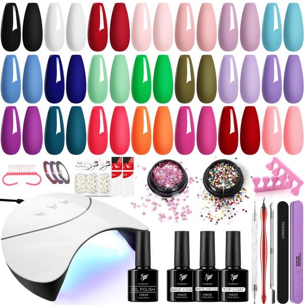 Phoenixy Gel Nail Polish Set - 42Pcs Gel Nail Polish Kit with U V Light 21 All Season Colors Gel Nail Kit with Matte Gel Top Coat Nail Art Tools Nail Polish Set Gifts for Women