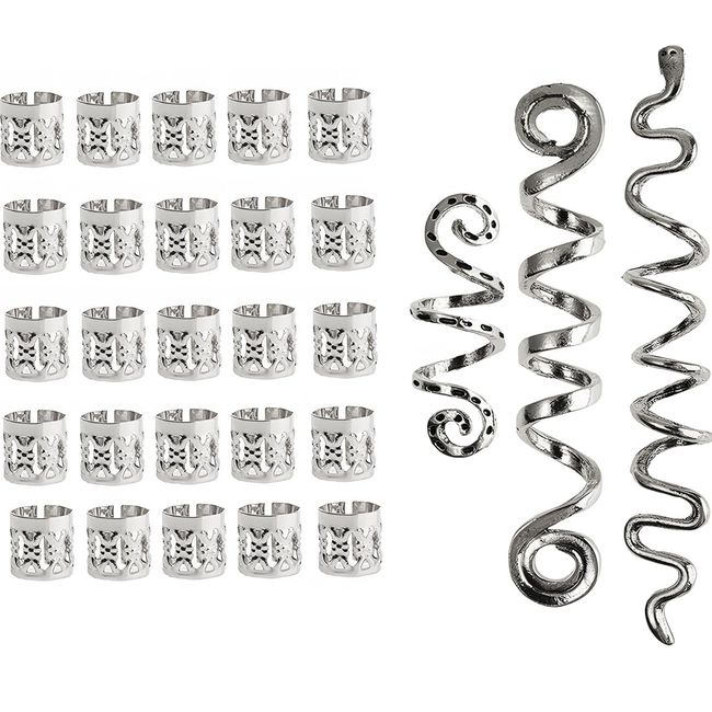 HNJUSR 28Pcs Dreadlock Schmuck Haarspiralen Clips Haar Geflecht Ringe, Verstellbar Metall Cuffs Haar Dreadlocks Zubehör Manschetten Set Für Männer Und Frauen(Silber)