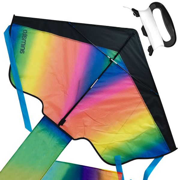 Animato Delta Kite Flying Outdoor Play for Kids and Adults | Kite Kit with String, Storage Bag, Gloves and Rainbow Stripes