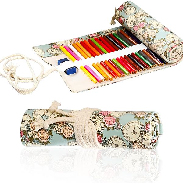 GXGM 36 Löcher Leinwand Stifterolle Roll, Rollmäppchen Leinwand Bleistift Wrap,Stifterolle Rollmäppchen,Stifte Mäppchen Rolle,Uhr Muster, für Aquarellstifte Bleistifte Buntstifte, 1 Stück