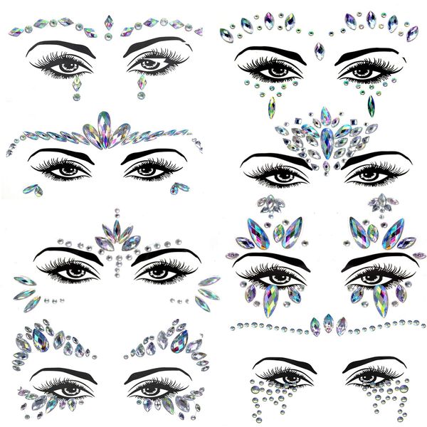 Viso gemme Glitter Stickers Gemstone per feste, strass Stick su Top Eyes, autoadesivo corpo gioielli tatuaggi, donne tatuaggi accessori su musica Carnevale Halloween Christma (8pcs)